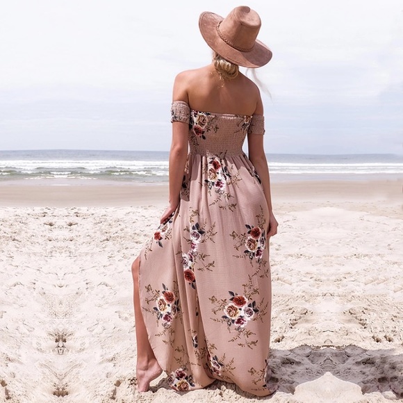 Tan Floral Slit Chiffon Flow Maxi Dress - Picture 3 of 3