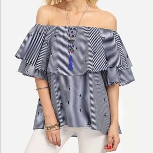 Flounce Layered Pinstriped Top Crop Off Shoulder