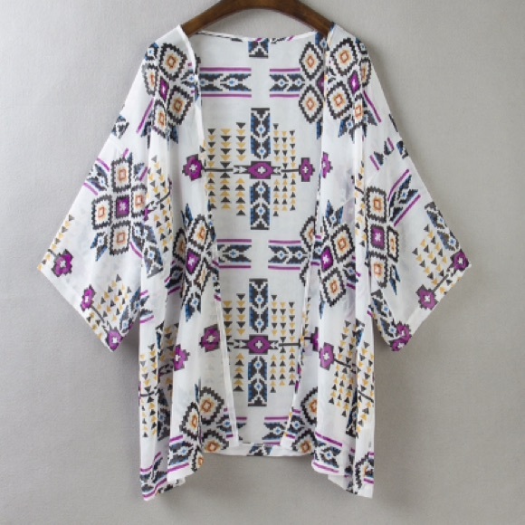 Tribal Print Sheer Kimono Cardigan Beach Coverup - Picture 4 of 6