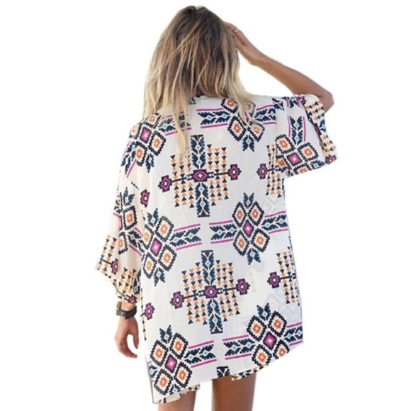 Tribal Print Sheer Kimono Cardigan Beach Coverup - Picture 2 of 6