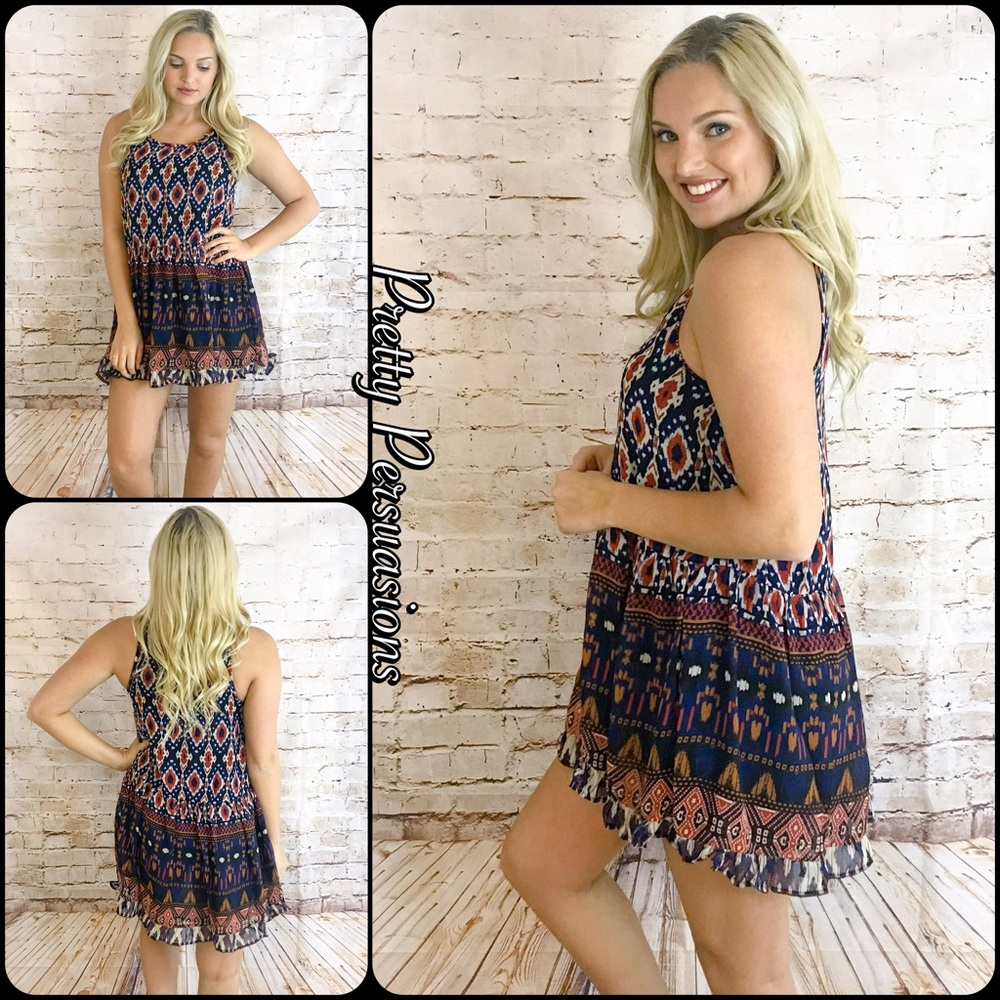 NWT Navy Printed Tribal Print Tank Dress Tunic - Picture 2 of 4