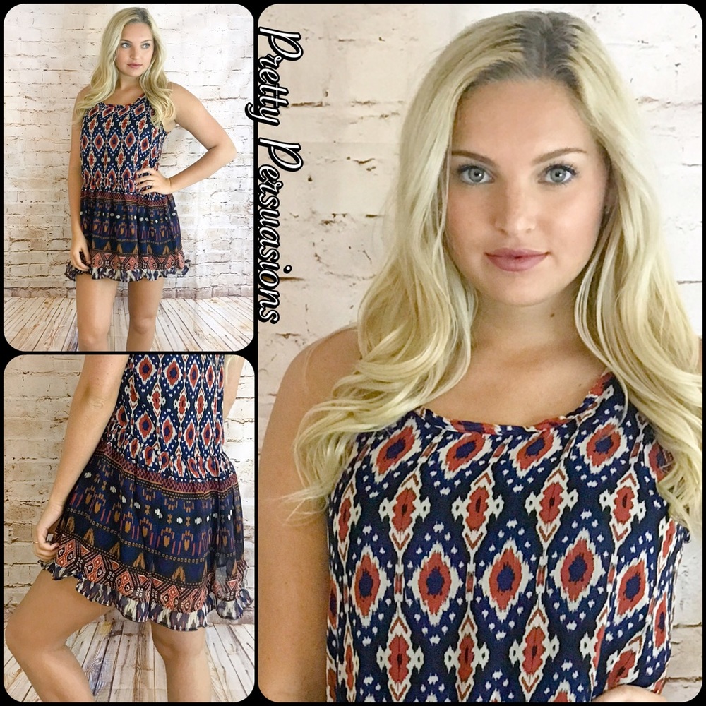 NWT Navy Printed Tribal Print Tank Dress Tunic - Picture 4 of 4