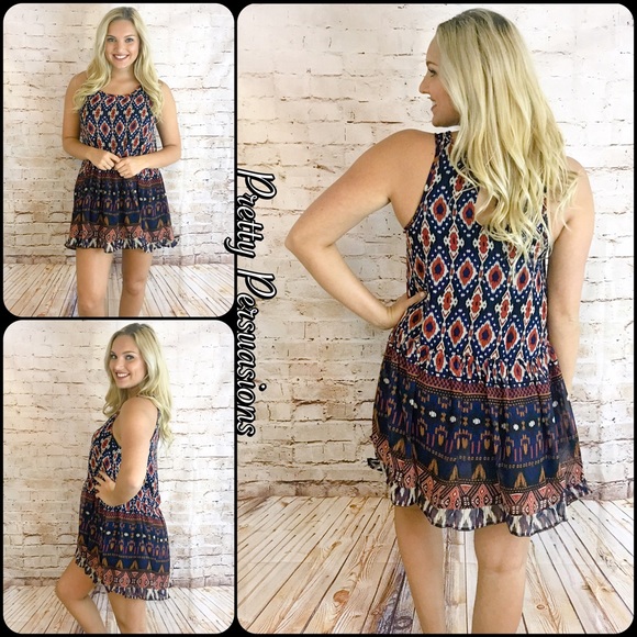 NWT Navy Printed Tribal Print Tank Dress Tunic - Picture 3 of 4