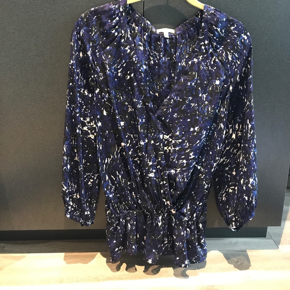 JOIE SILK BLUE BLACK FLORAL WOMENS BLOUSE