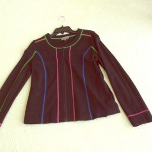 Black cotton knit zip front sweater.