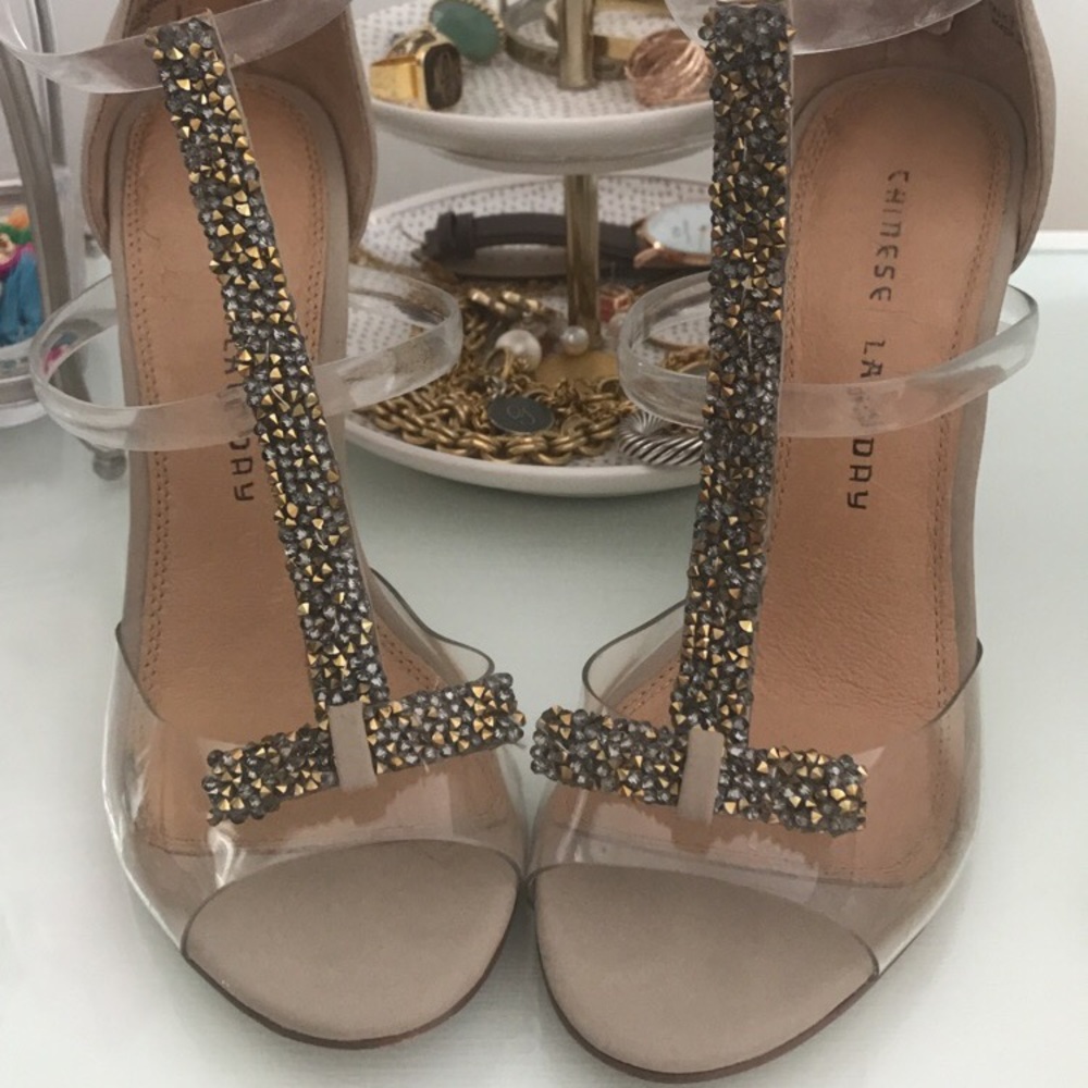 Chinese Laundry tan beaded heels