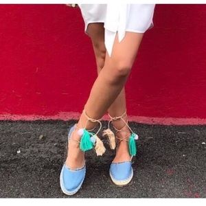 Bamboo Suede Tassel PomPom Lace Up Espadrille Flat