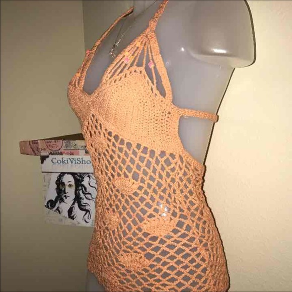 🍊 UNIQUE Seashell Chenille Crochet Top wSequin - Picture 2 of 6