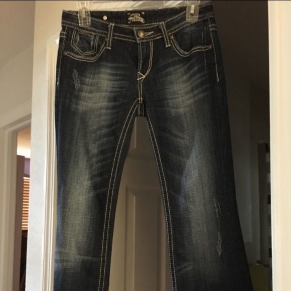 Express Rerock dark blue jeans w/white stitching - Picture 1 of 3