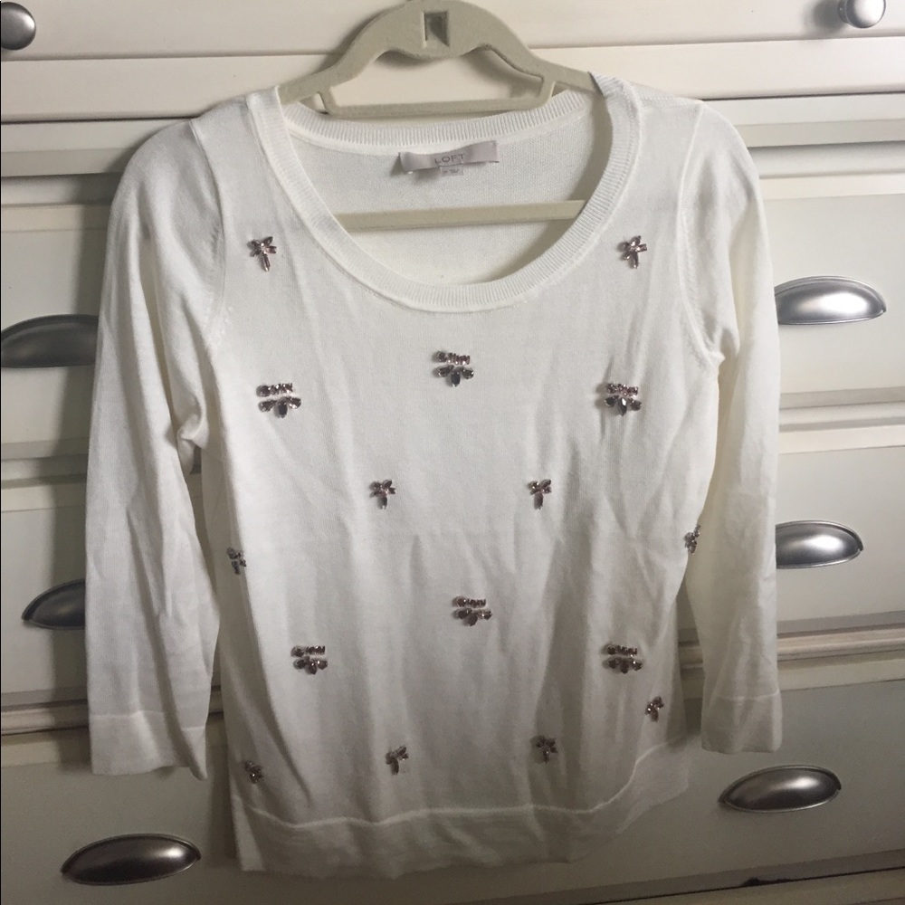 LOFT medium off white sweater w/ pink jewel detail