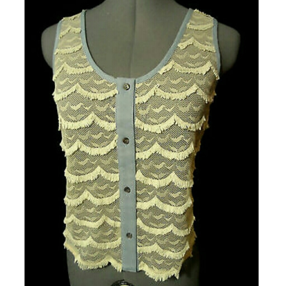 Nwt DOUBLE ZERO Scalloped Fringe Button Top womens S/M Ivory Blue Cover up Vest