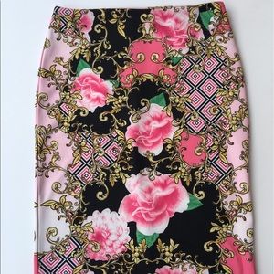 Black and Pink Floral Pencil Skirt