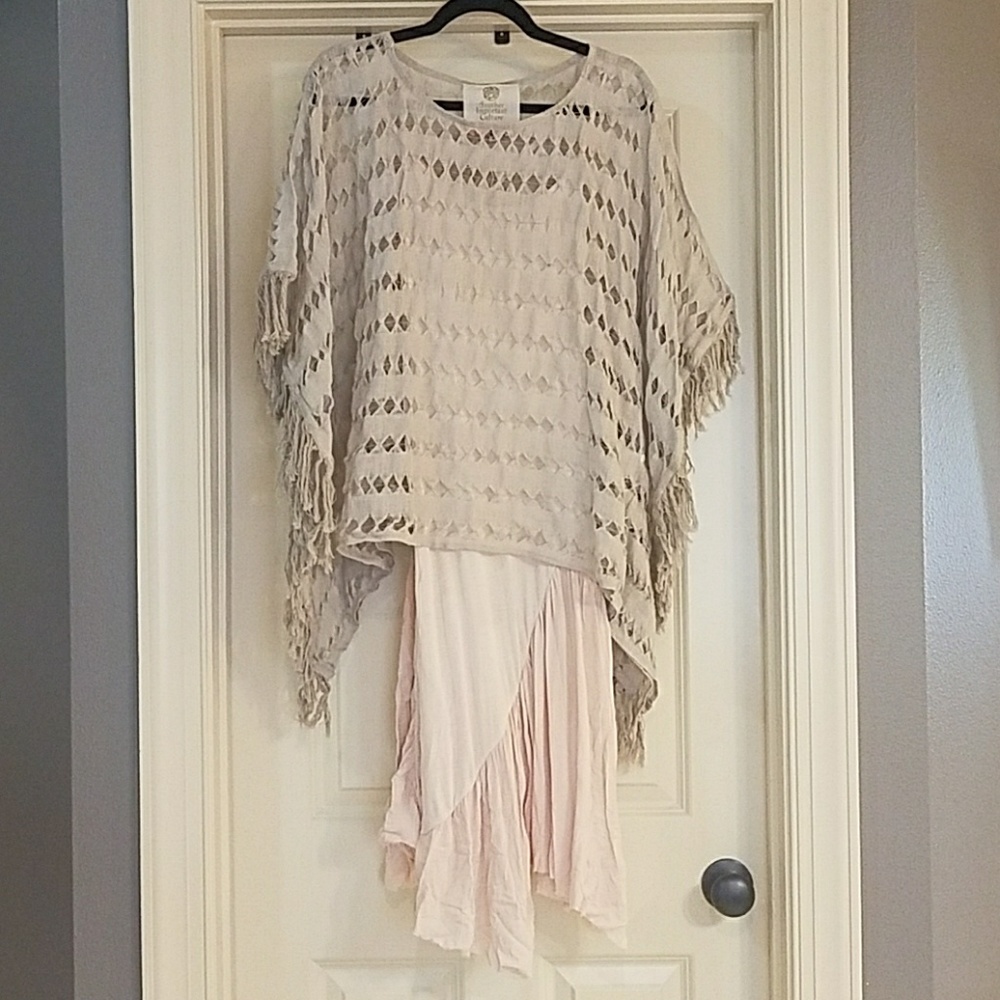 Anthro Pink slip dress + linen poncho outfit