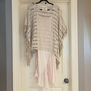 Anthro Pink slip dress + linen poncho outfit