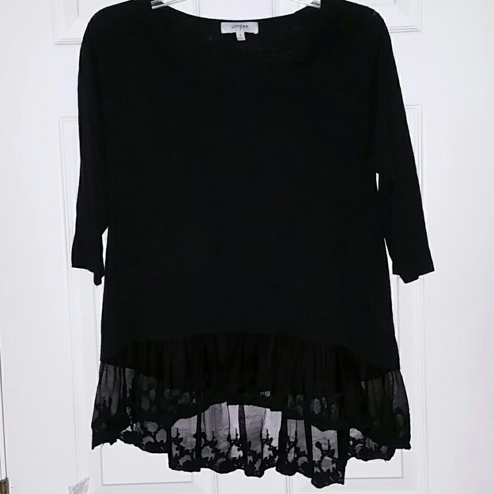 BLACK SLUB/TUNIC LACE BOTTOM 3/4 SLEEVE TOP/BLOUSE