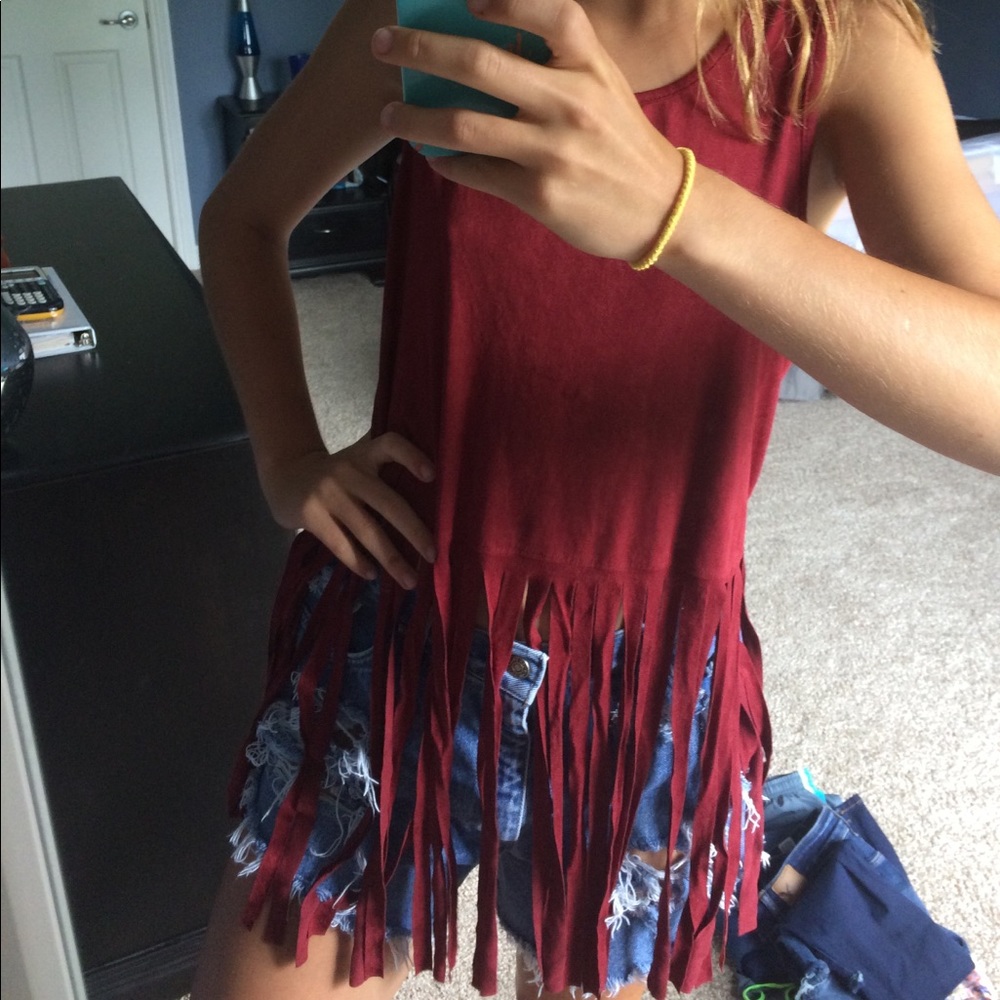 Suede red fringe tank top