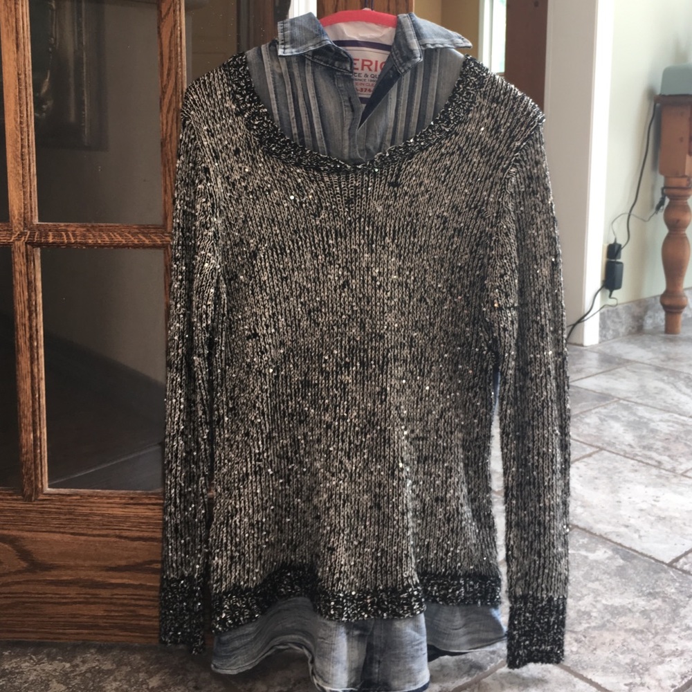 Sequined grey/black sweater with denim underlay