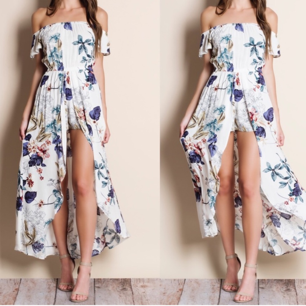 Off Shoulder Floral Maxi Romper