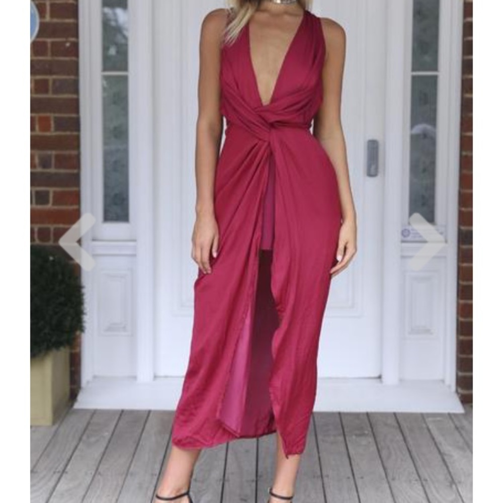 Xenia Twisted Satin Burgundy Maxi Dress