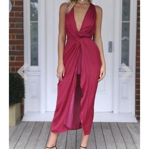 Xenia Twisted Satin Burgundy Maxi Dress
