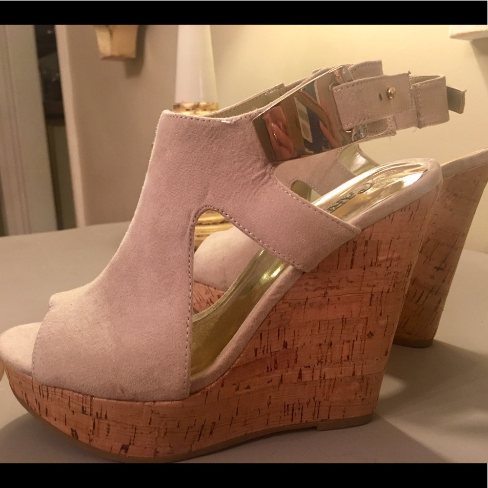 Like New. Carlos Santana Nude suede/cork Wedges.