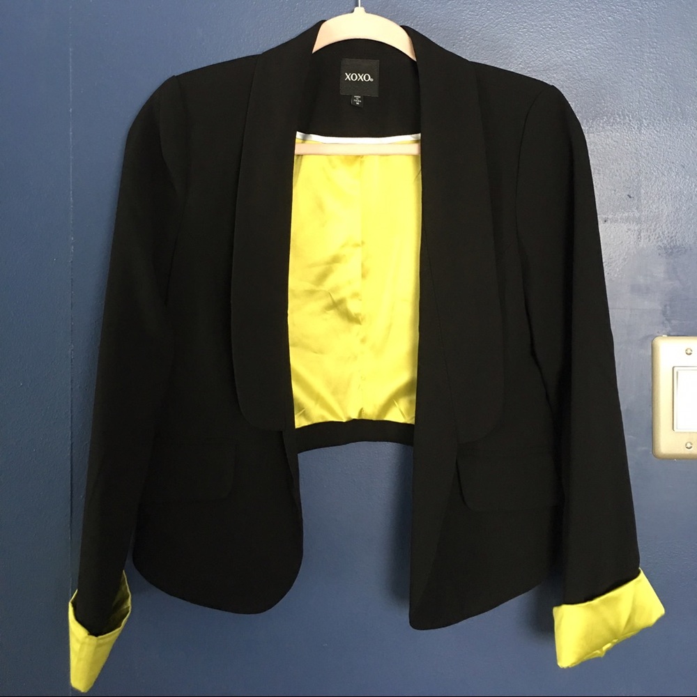 XOXO Black Cropped Blazer Lime Green accent