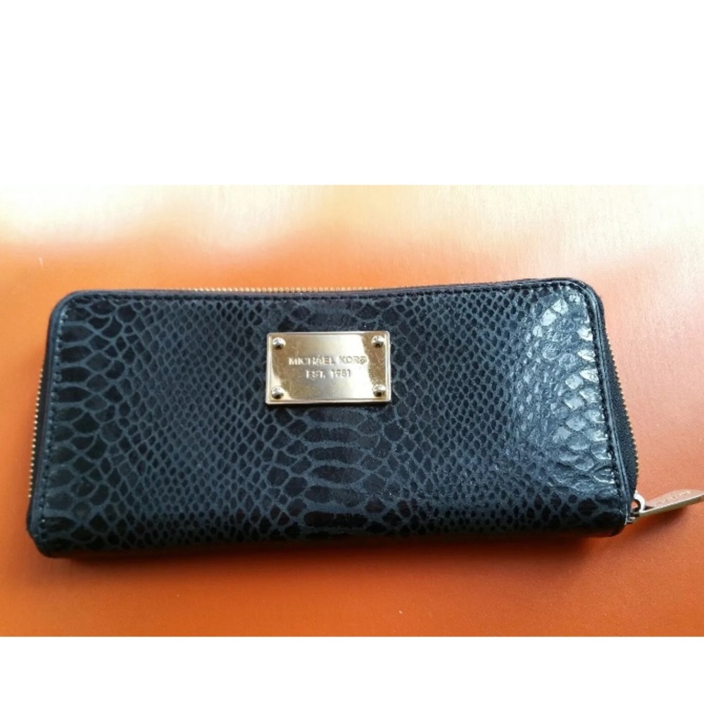 Michael Korea Black Python Embossed Zip Wallet