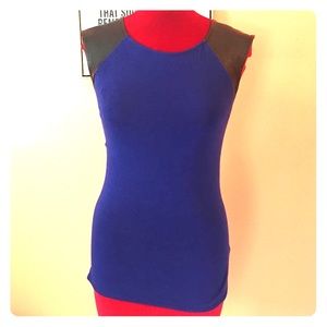 Blue Tank with Black Pleather Shoulders