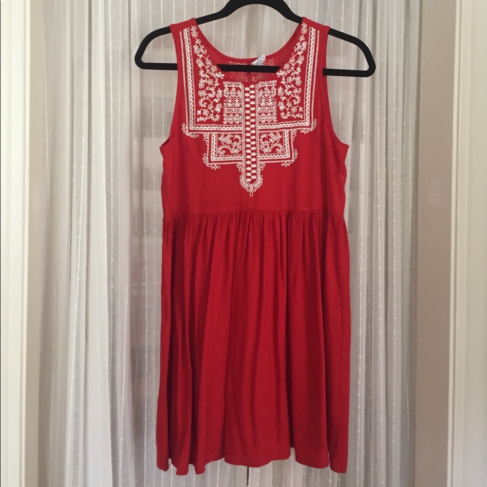 Red Element Dress with White Embroidery