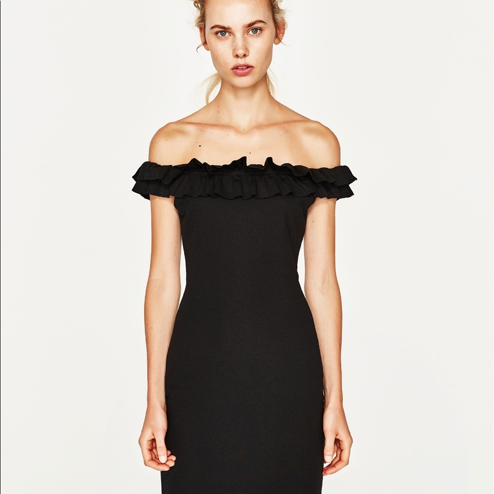 Black ruffle off the shoulder dress