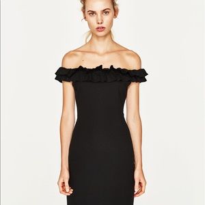 Black ruffle off the shoulder dress