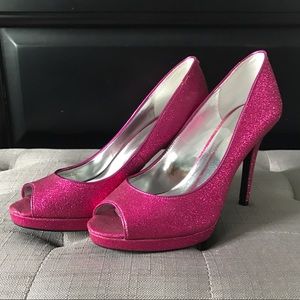 Pink sparkle peep toe heels