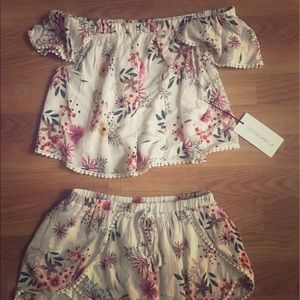 Matching off-shoulder top + shorts