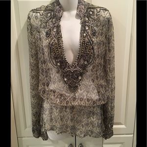 Monique Leshman embellished gray and taupe top.