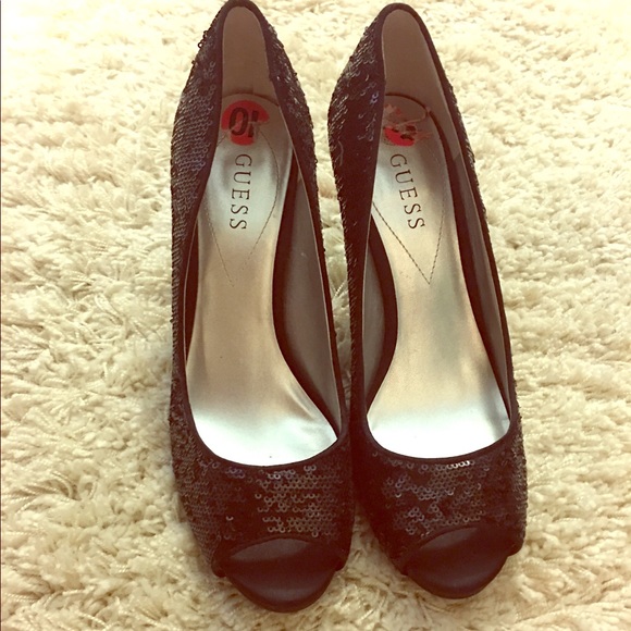 Guess Size 10 sequin black open toe heels - Picture 1 of 2