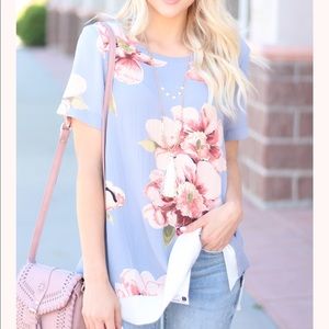 Dusty Blue Floral Ivory Trim Top