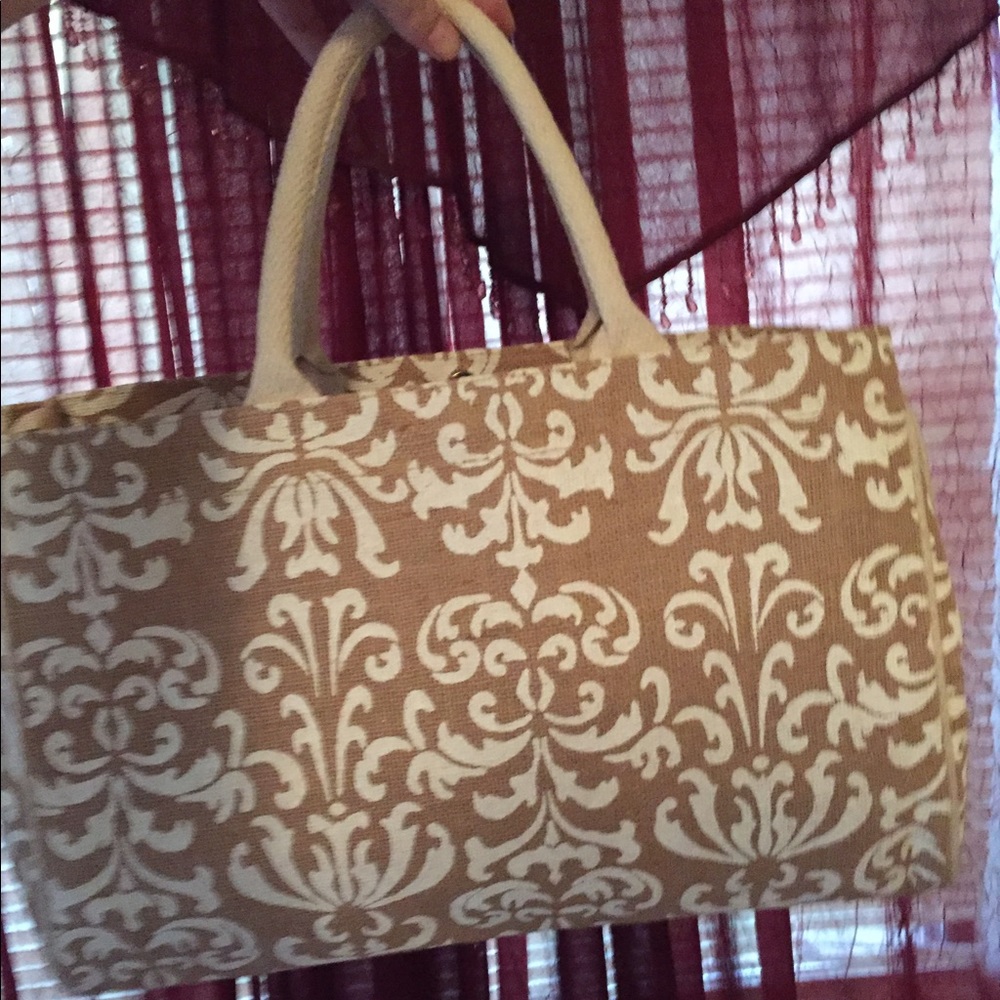 Burlap damask handbag travel tote