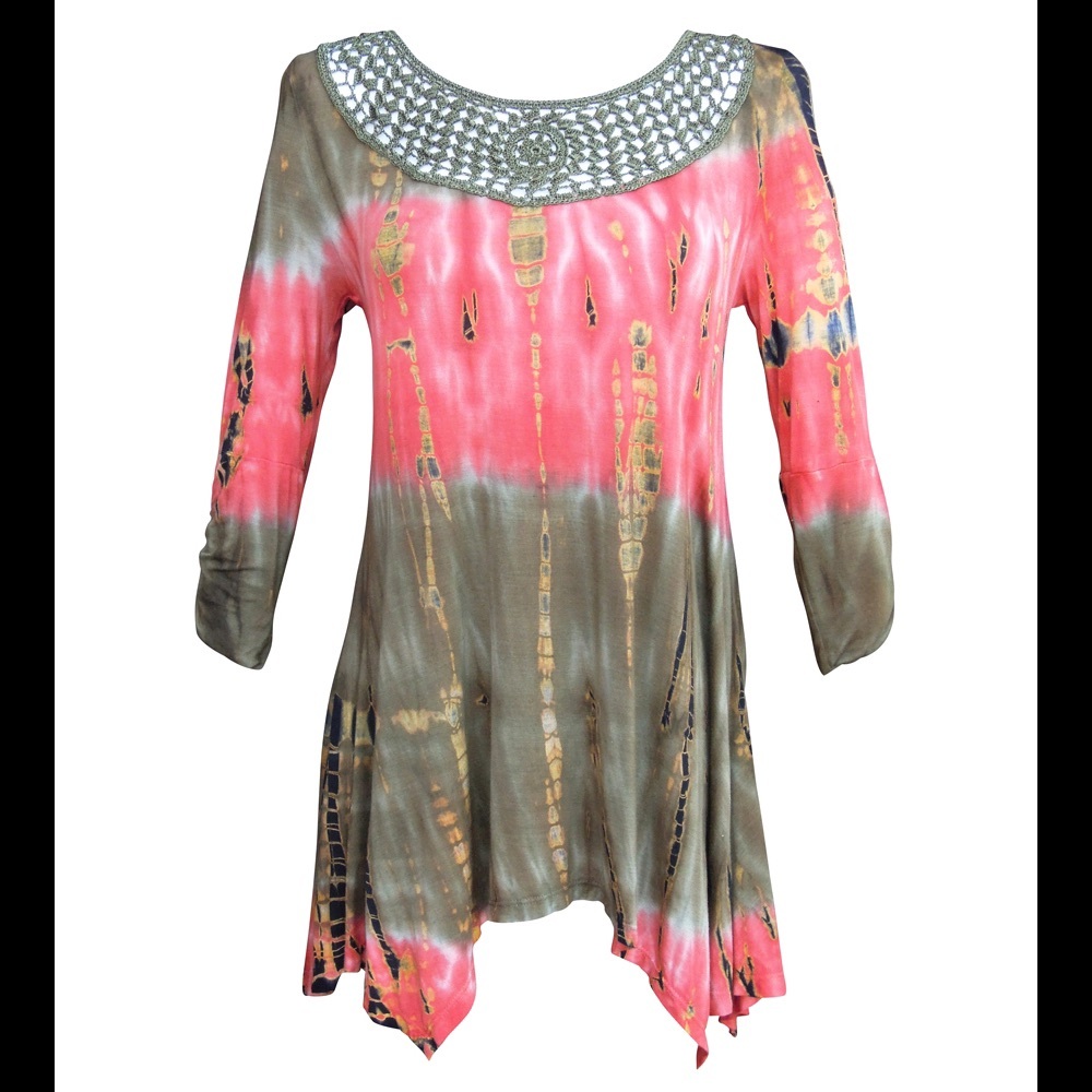 "Nature Art"Crochet lace insert round neck tunic