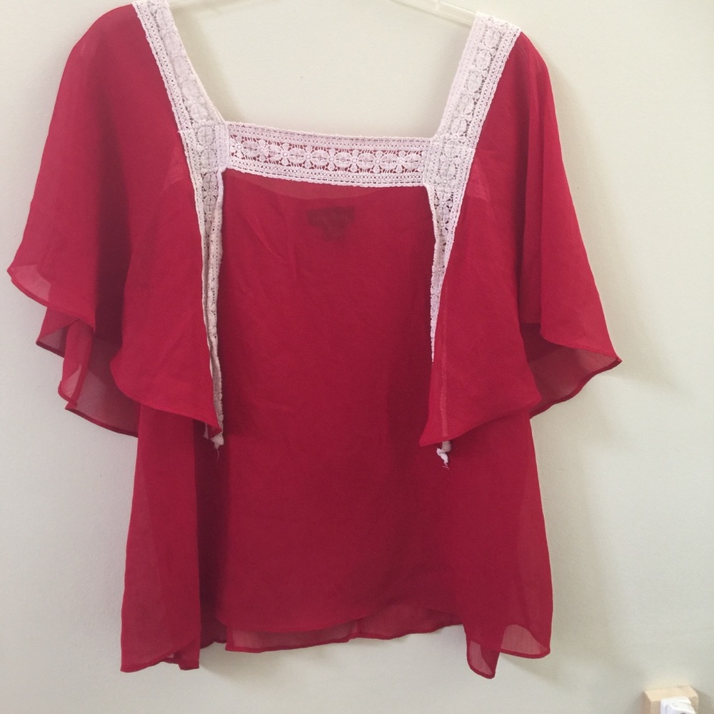 Sheer Red Tank with Fluttersleeve Overlay