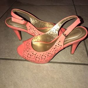 Andrew Geller Carmine Coral Patent Cut out Heels