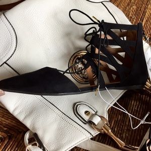 Mossimo Sz 10 Black Suede Flats Lace Up Back Zip