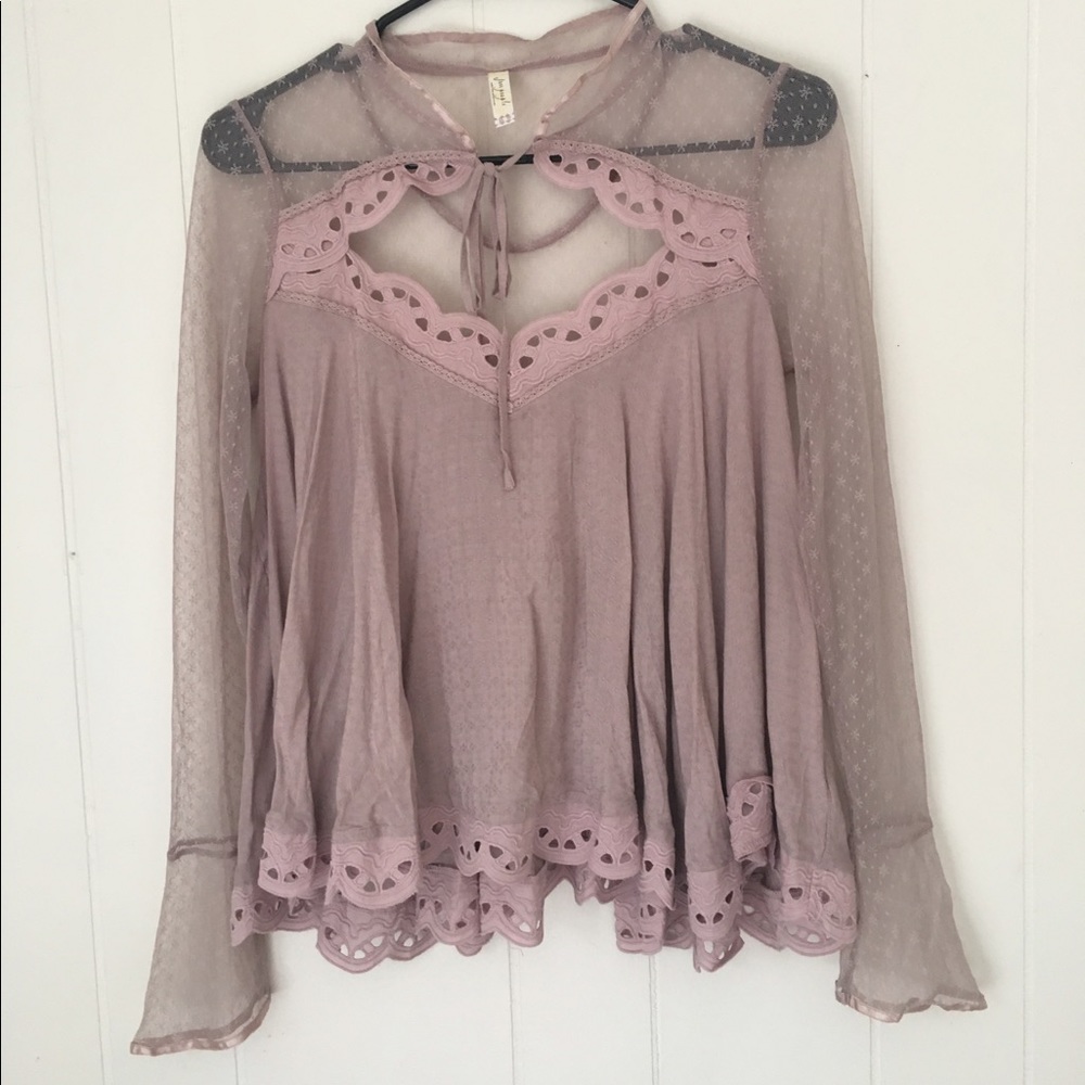 Pink free people lace sleeved blouse