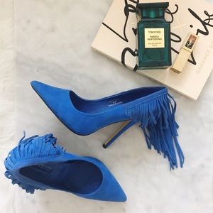 Moving day! Topshop bright blue Fringe Heels
