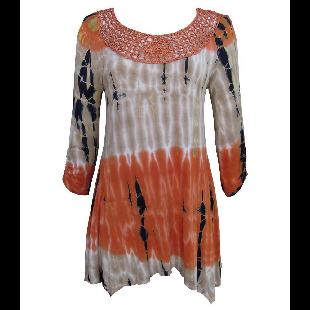 "Nature Art" Crochet lace insert round neck tunic