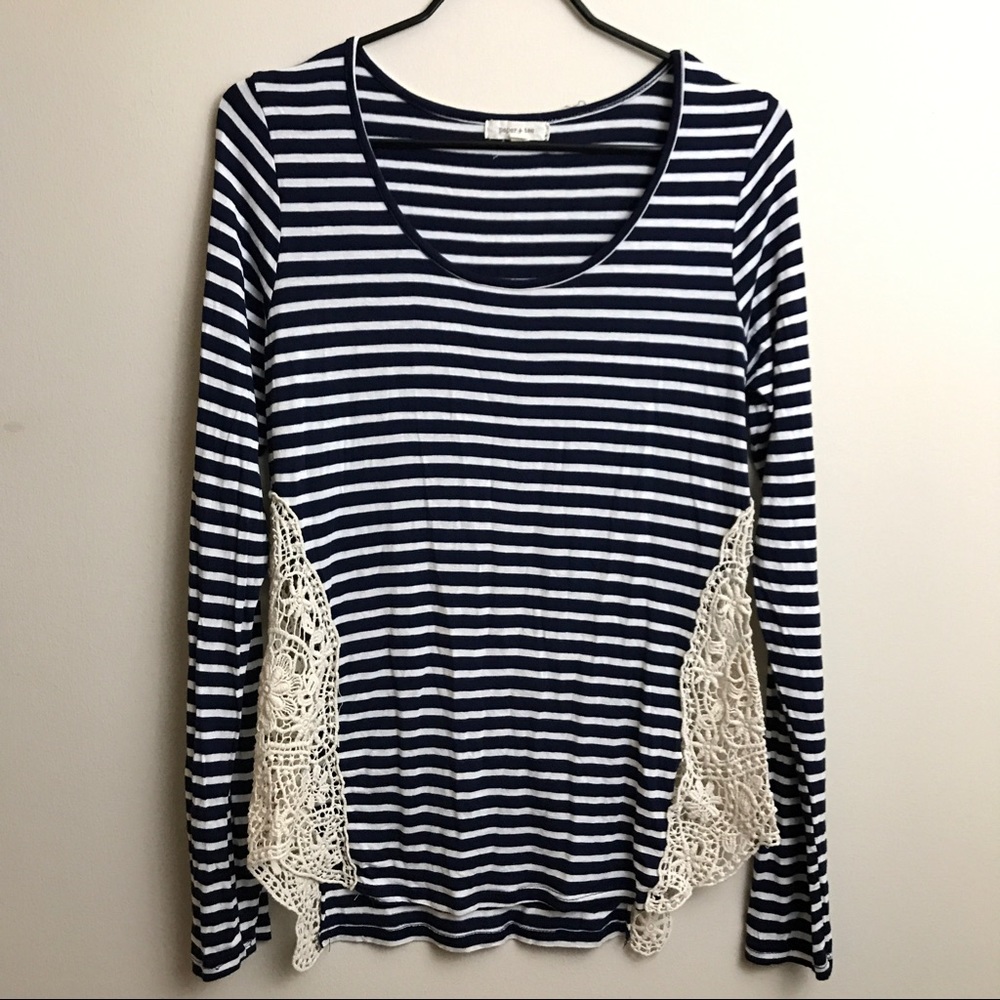 Paper + Tee Navy Stripe Crochet LS Top