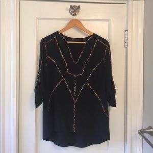 BCBG Black Tunic Blouse with Patterned Detail