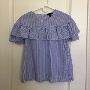 JCrew White/Blue Stripe Ruffle Blouse