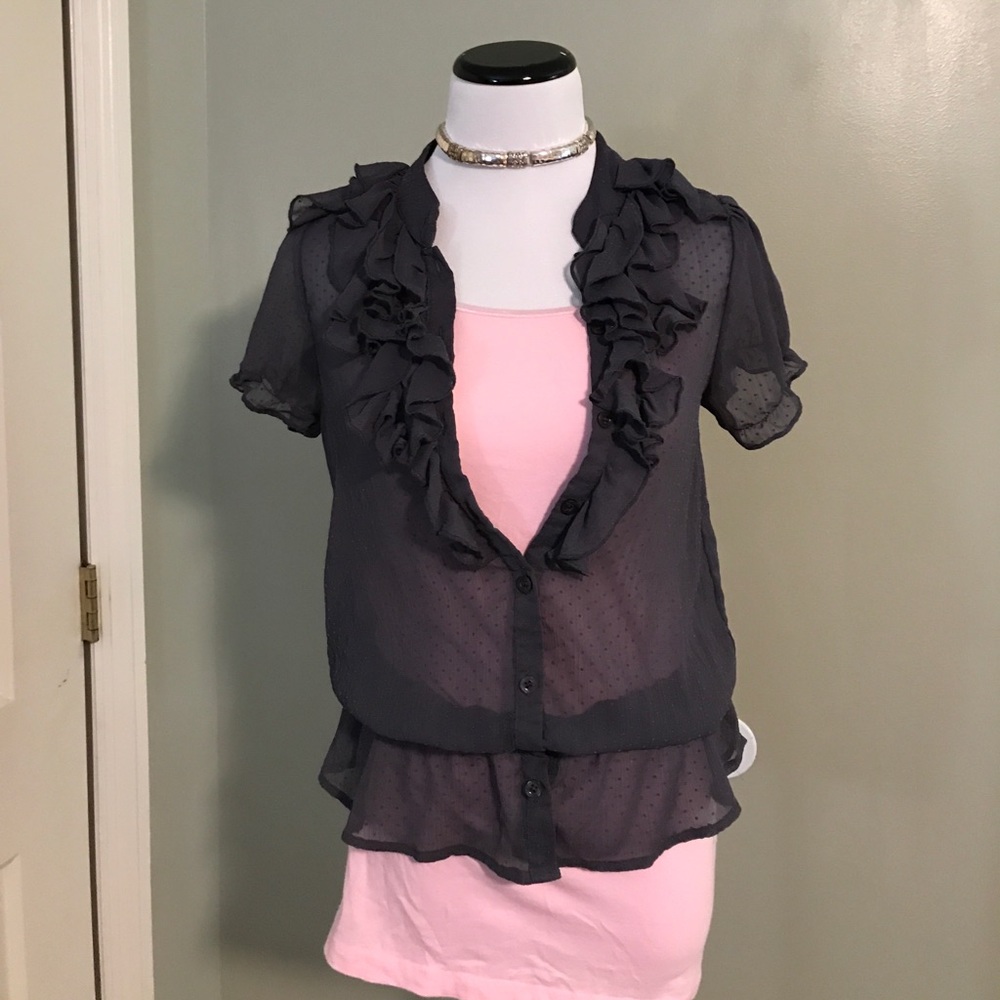 Sheer Grey ruffled front Swiss dot top. Size Med.