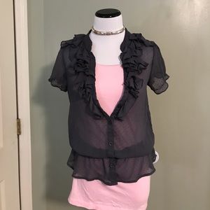 Sheer Grey ruffled front Swiss dot top. Size Med.
