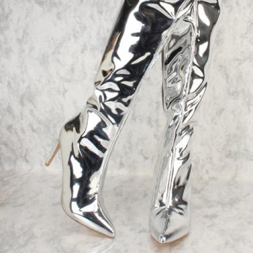 Cape Robbin Metallic Chrome Thigh High Boot Heels